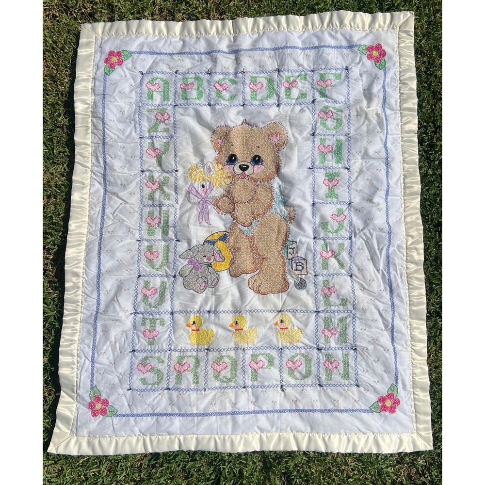 VTG Teddy Bear Alphabet Heirloom Baby Blanket Satin-Trim 35x42 Shabby Chic Gift